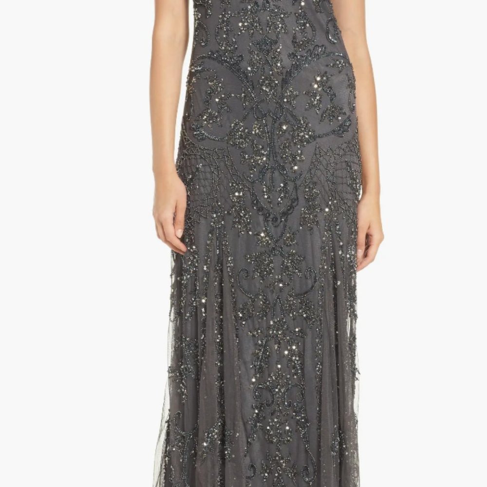 Pissaro Nights Beaded Mesh Column Gown in Smoke/Gray